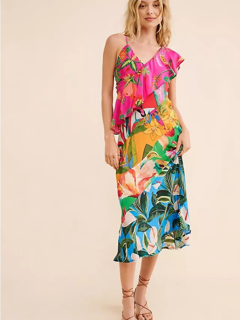 FARM Rio Pink & Green Tropical Floral Midi Dress